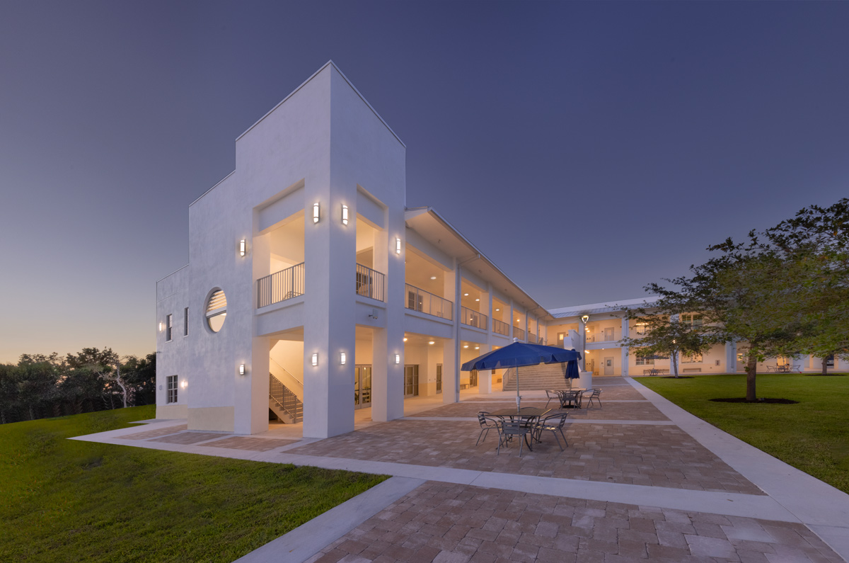 Architectural dusk photo of Palmer Trinity student center in Miami, FL
